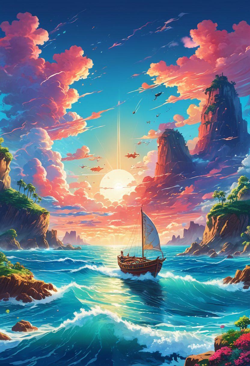 A vibrant and dynamic scene depicting a fantastical anime-styled boat sailing from a colorful shoreline into an expansive sea filled with gaming icons like video game controllers and character silhouettes. The backdrop features whimsical clouds and a bright blue sky, blending elements of adventure and gaming culture. Include subtle details like waves made of pixel art and a glowing compass. super-realistic. vibrant colors. anime style.