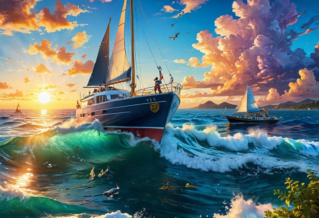 A whimsical scene of anime-style characters sailing on a vibrant, cartoonish yacht, surrounded by calm, sparkling waters. Various marine insurance symbols subtly integrated like coins, shields, and anchors float alongside them, while the backdrop features a sunset sky with playful clouds. Add playful waves splashing around the yacht to convey excitement and adventure. super-realistic. vibrant colors. anime-inspired.