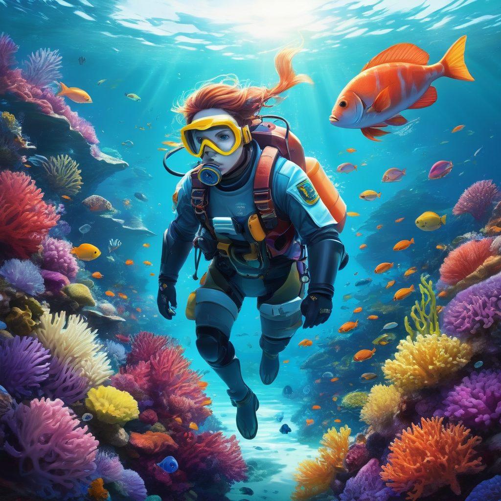 A vibrant scene depicting an anime-themed character, clad in diving gear, surrounded by colorful marine life such as fish and coral. The character holds a shield emblazoned with symbols of protection and insurance, while whimsical waves enhance the dynamic feel of the image. Bright colors and a stylized art approach give it an engaging and immersive atmosphere. vector art. vibrant colors. white background.